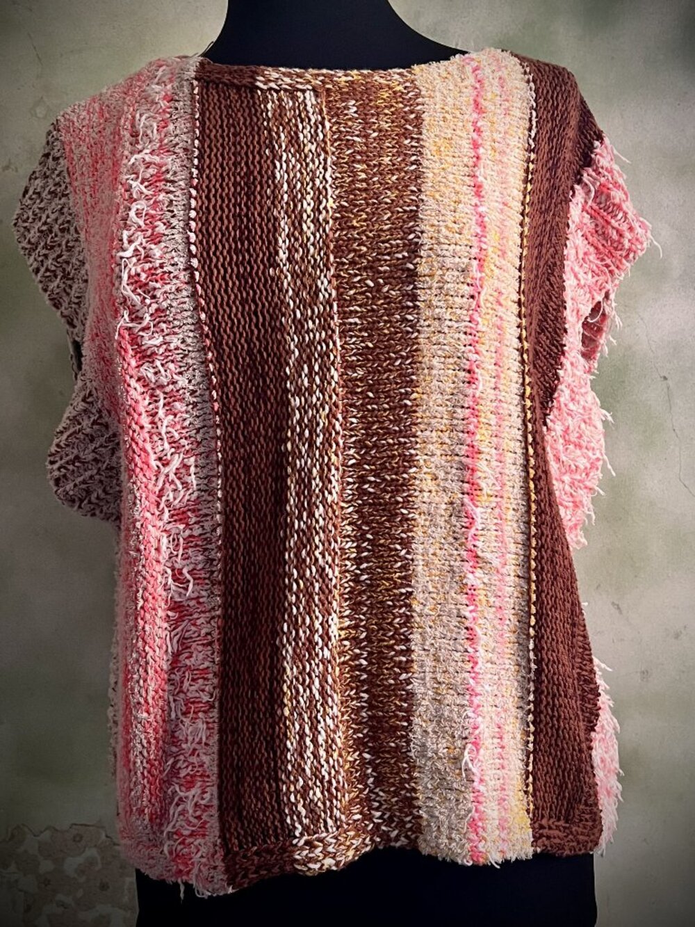 Anthropologie Mixed Texture Striped Knit Sweater Vest | Pink Brown Cream | XS